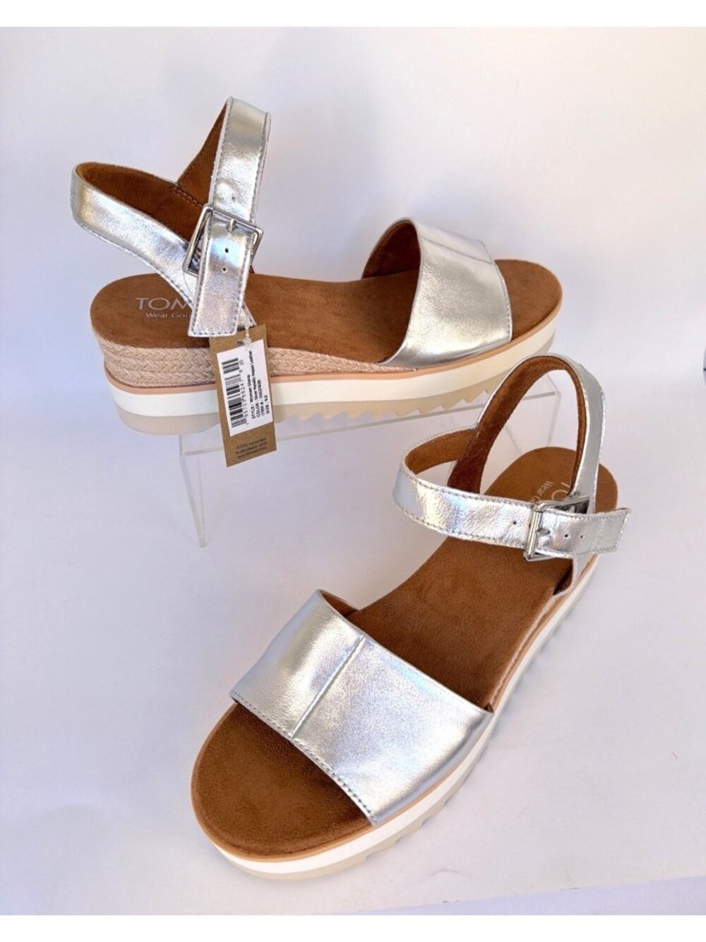 TOMS Diana Platform Wedge Sandals Silver Metallic Nappa Leather Women Size 9.5